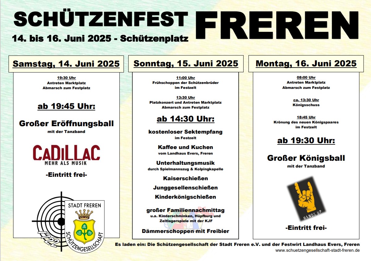 Alt-Text: Ankündigungsposter für das Schützenfest in Freren vom 14. bis 16. Juni 2025. Details für jeden Tag: Am Samstag, 14. Juni, beginnt um 19:45 Uhr der große Eröffnungsball mit der Tanzband Cadillac, Eintritt frei. Sonntag, 15.