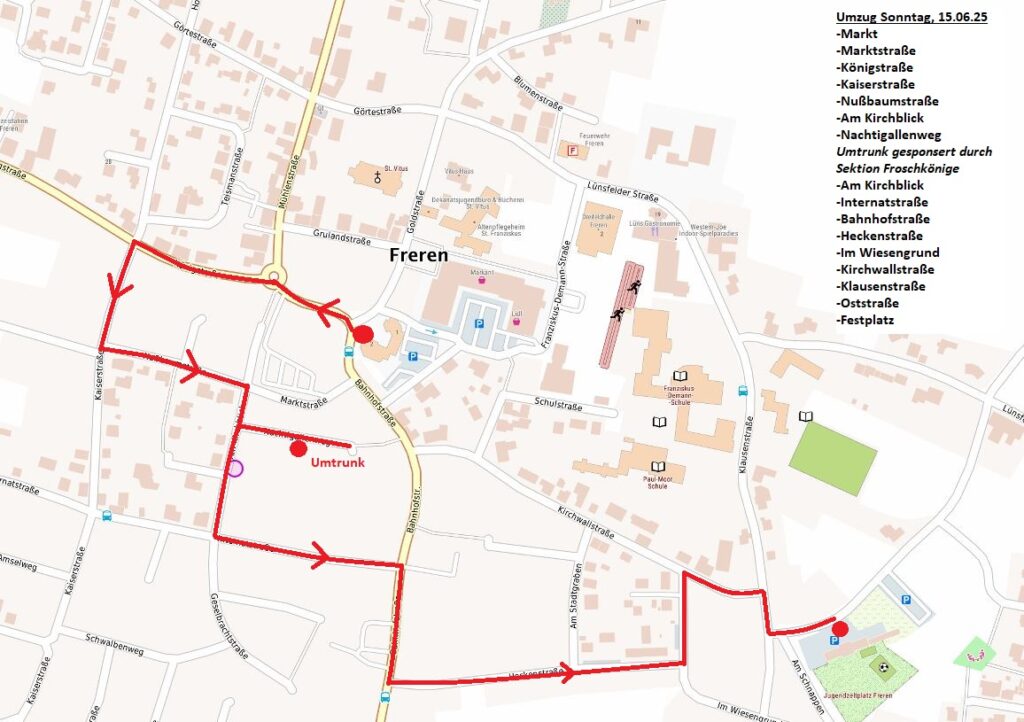 Karte des Festumzugs des Schützenvereins in Freren am 15.06.25. Die Route führt durch verschiedene Straßen, darunter Marktstraße, Königstraße, und Nußbaumstraße. Besonderer Halt für einen Umtrunk wird von der Sektion Froschkönige gesponsert. Die Karte zeigt Details des