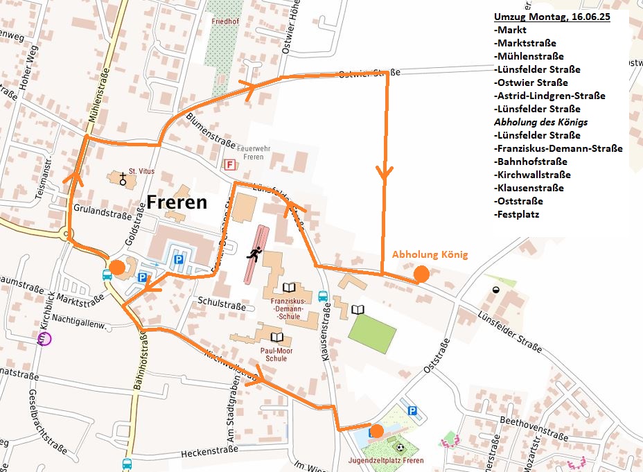 Karte des Schützenfest-Umzuges 2025 in Freren. Die Route beginnt am Markt und führt über die Marktstraße, Mühlenstraße, Lünsfelder Straße und Ostwier Straße. Weiter geht es über die Astrid-Lindgren-Straße zurück zur Lünsfelder Straße. Hier erfolgt die Abholung des Königs