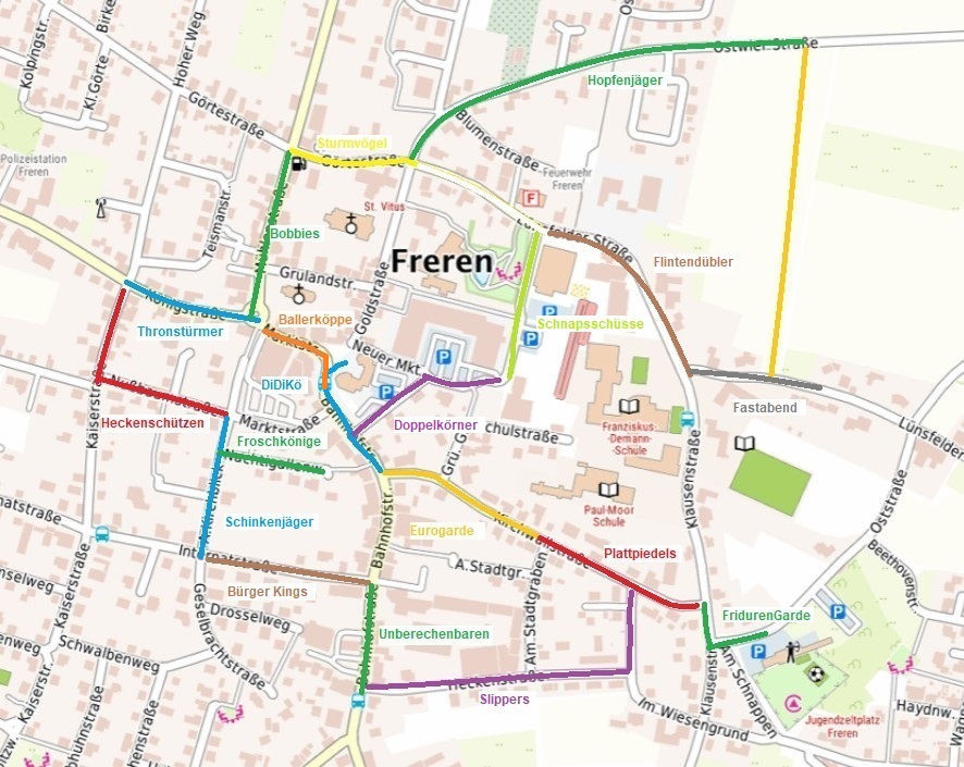 Karte des Schützenvereins Freren, die verschiedene farblich markierte Routen zeigt, darunter die „Sturmvögel“, „Thronstürmer“ und „Schinkenkönige“. Die Karte hebt verschiedene Bereiche der Stadt Freren hervor, die mit dem Schützenfest in Verbindung stehen. Straßen wie die E